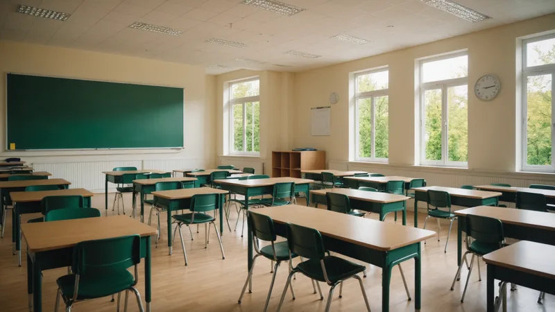 Classroom with rows of desks seen from the front