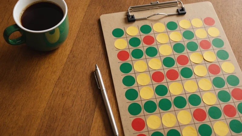 Clipboard with a grade sheet and color-coded sticker dots